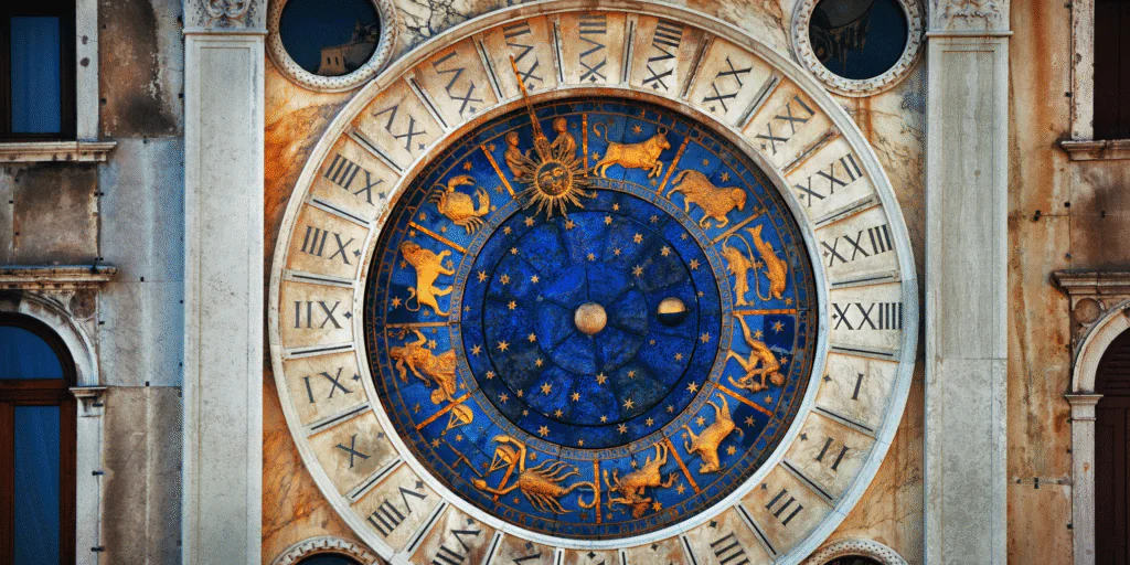  [Imagem: Ilustração de signos do zodíaco ao redor do sol, com fundo espiritual místico e céu estrelado]
